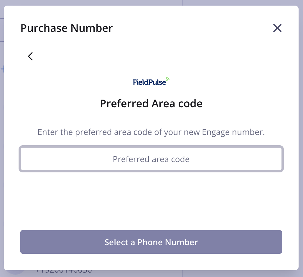 Purchase Number window on the Preferred Area code step, with the Preferred area code field above the Select a Phone Number button