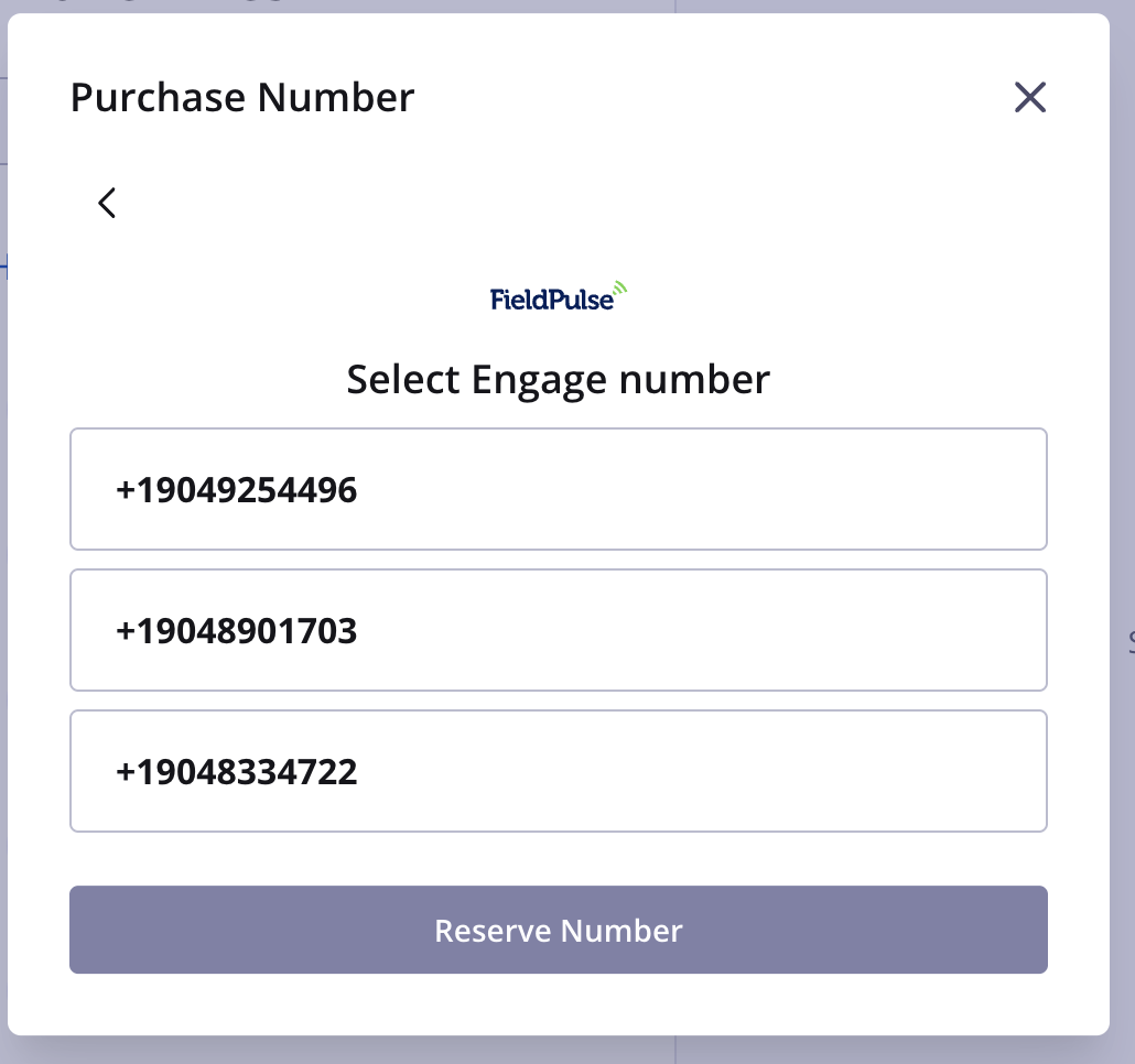 Purchase Number window on the Select Engage number step, listing three available numbers above the Reserve Number button