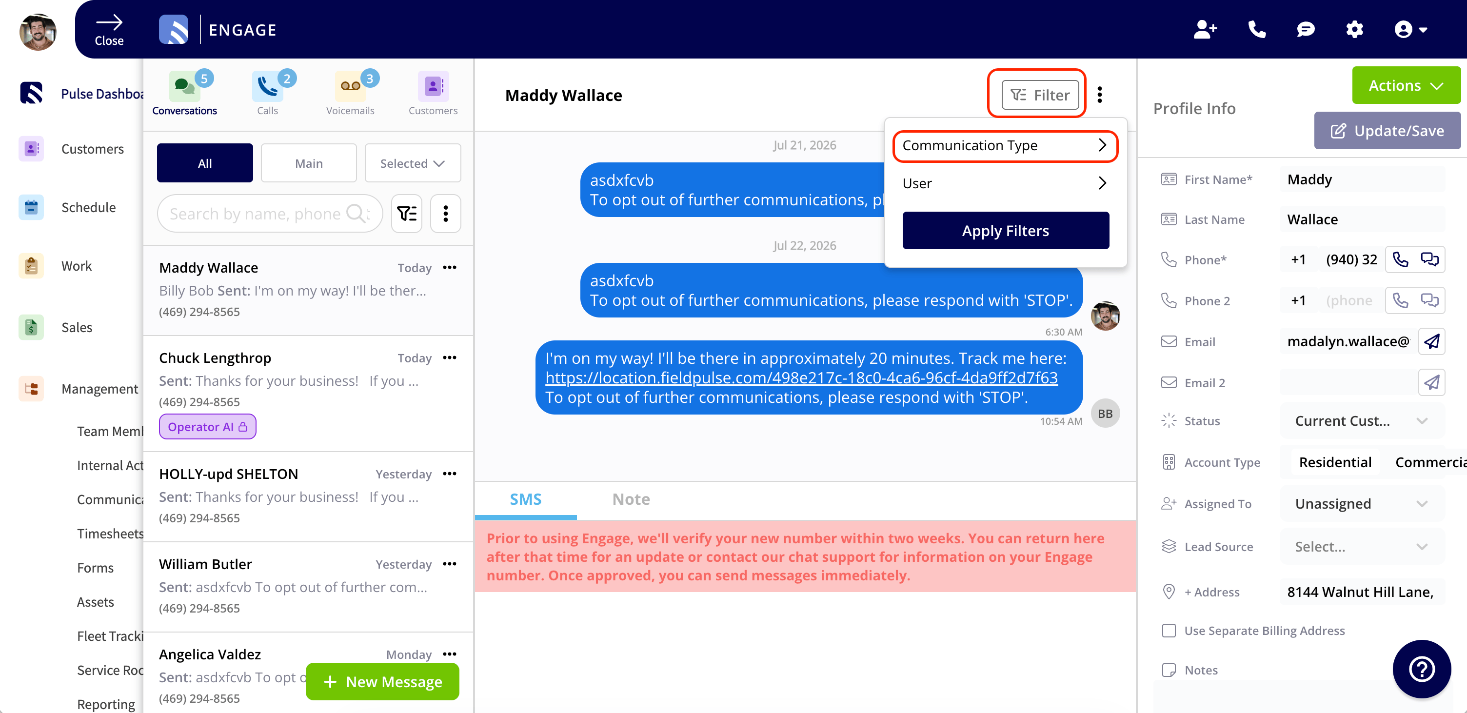 Selecting Email History from the Communication Types dropdown in Engage