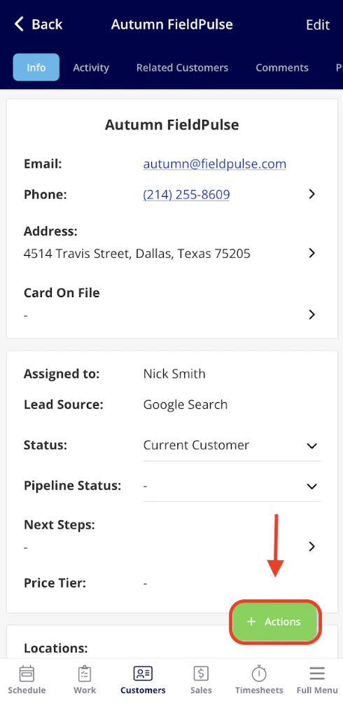 Customer record with green Actions button at the bottom