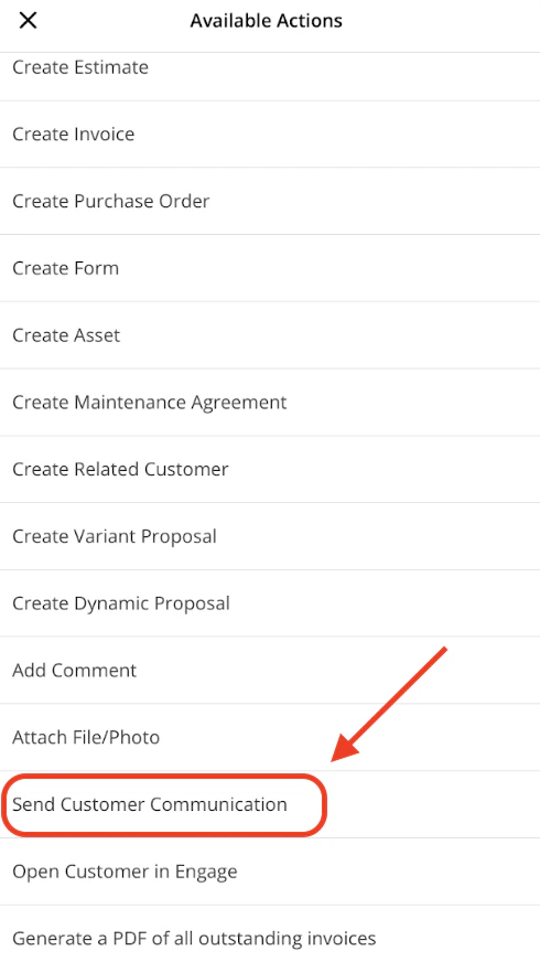 Actions menu showing Send Customer Communication option