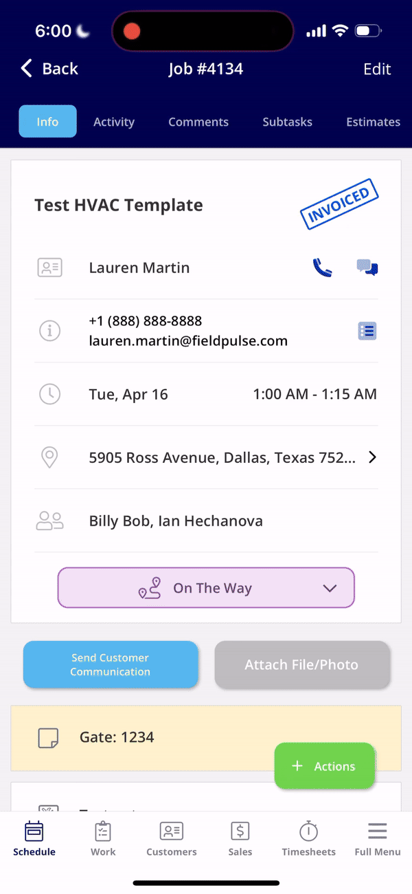 Selecting an SMS template, enabling Include Profile Photo, and tapping Send from Phone