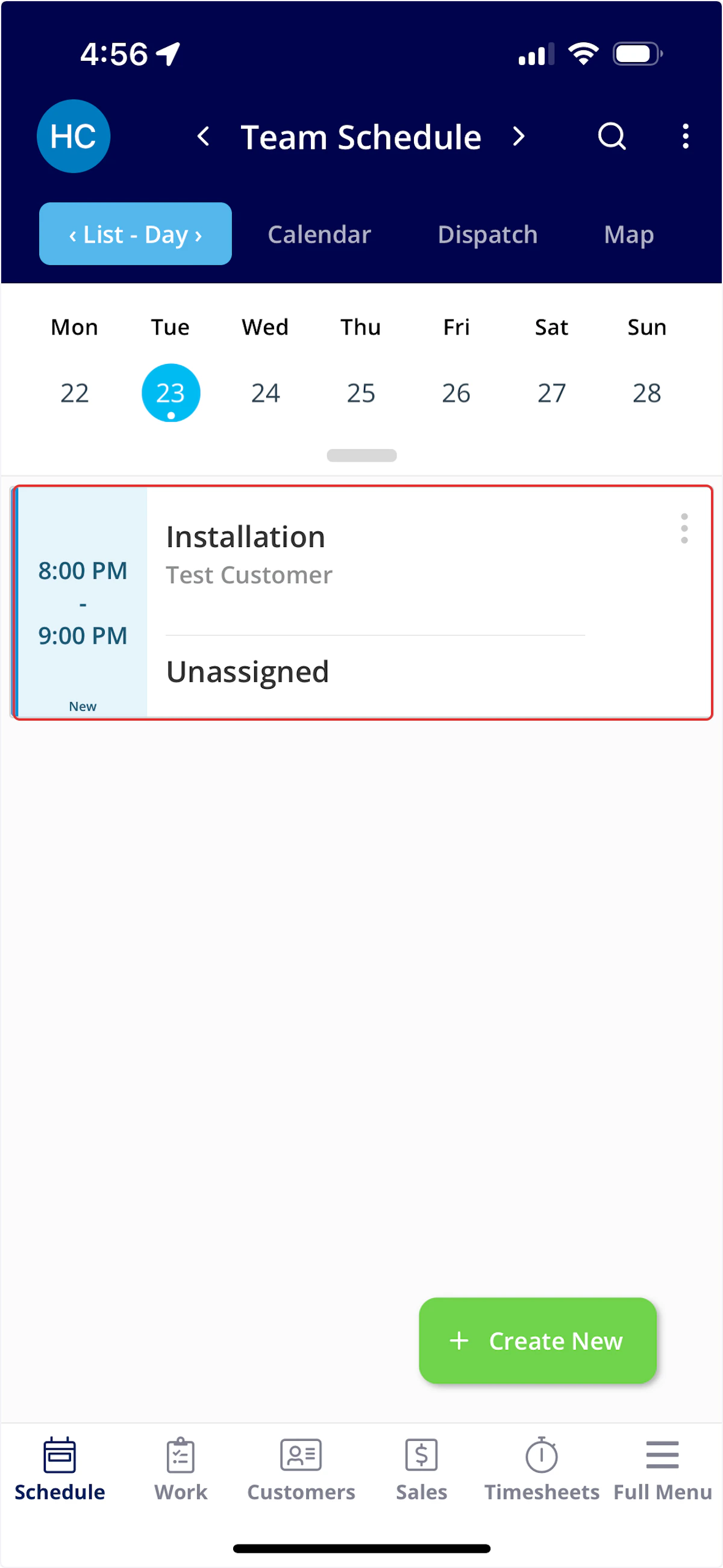 Job list screen with upcoming job selected