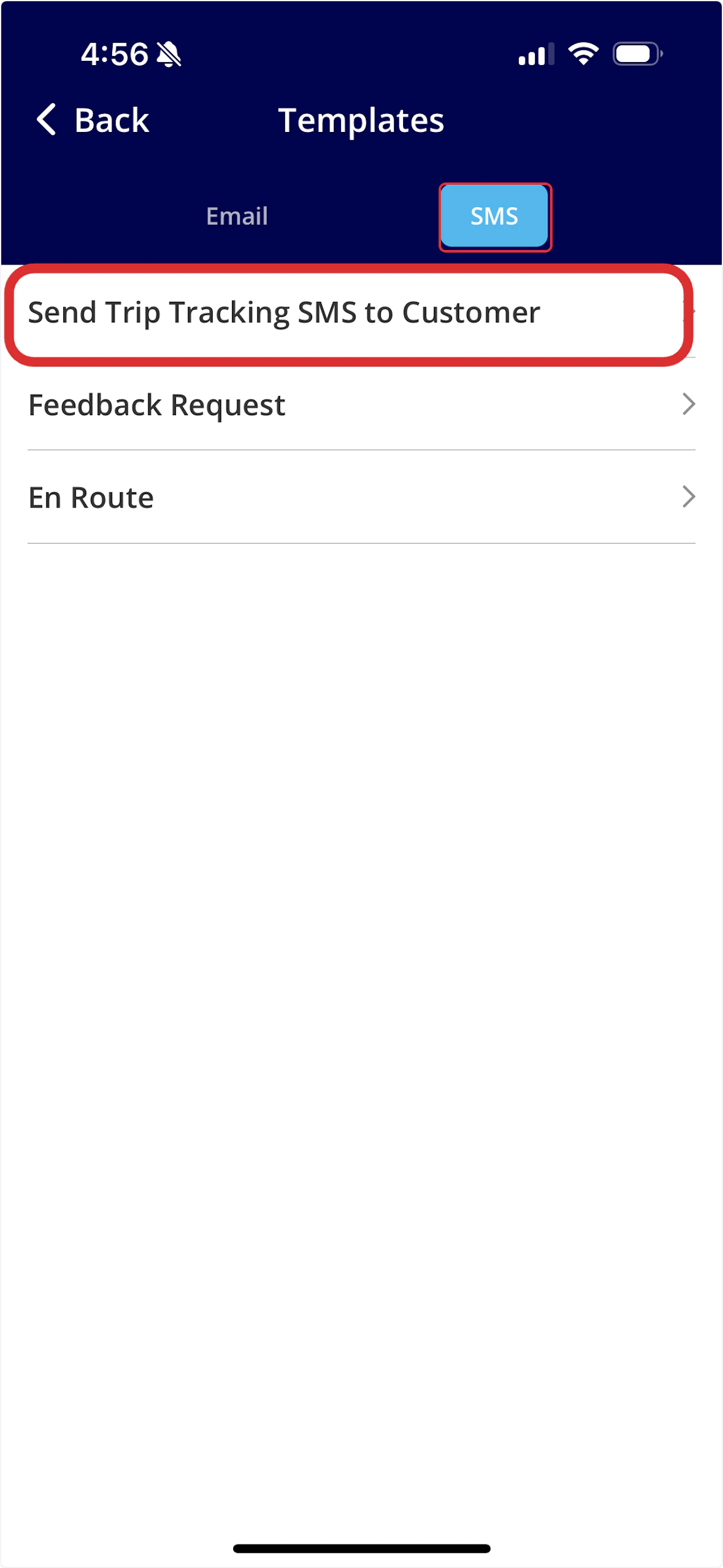 SMS options showing Send Trip Tracking SMS to Customer