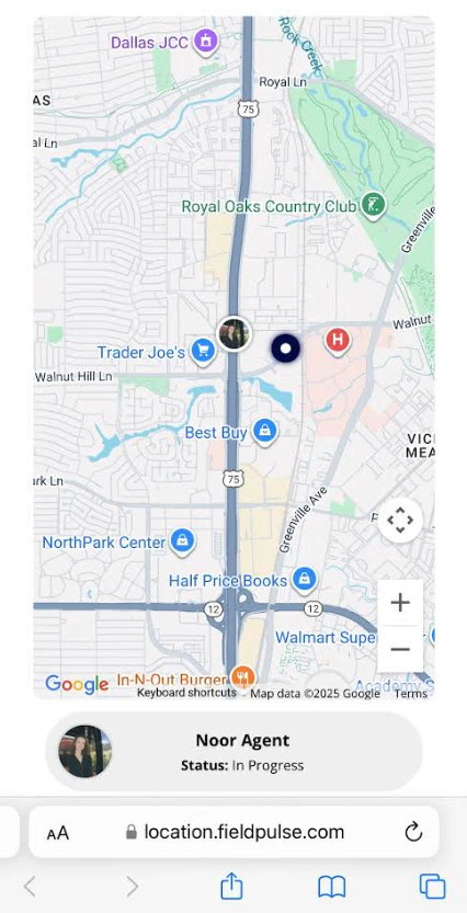 Live trip tracking map showing technician location and route to customer