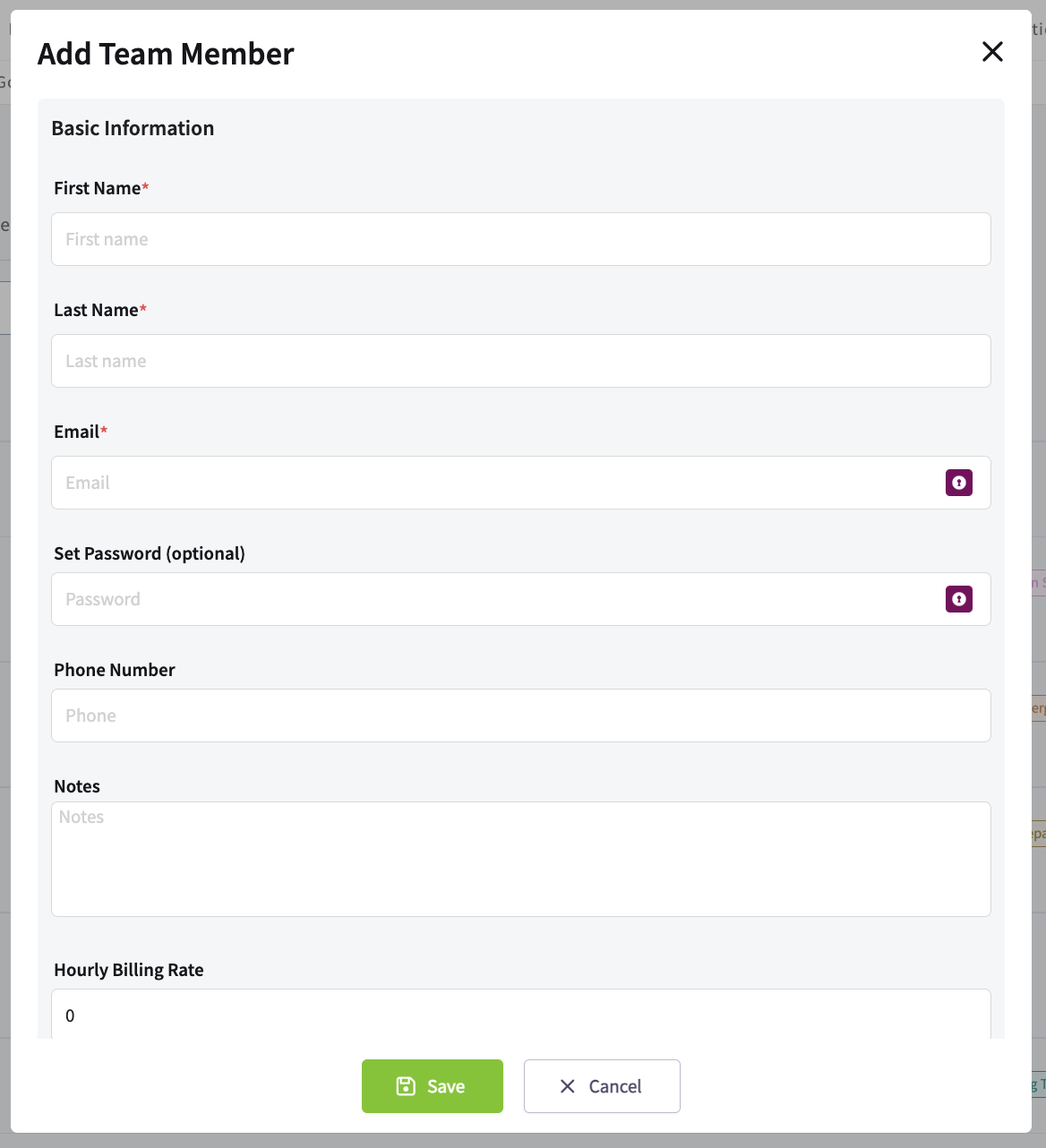Add Team Member form showing the Basic Information fields