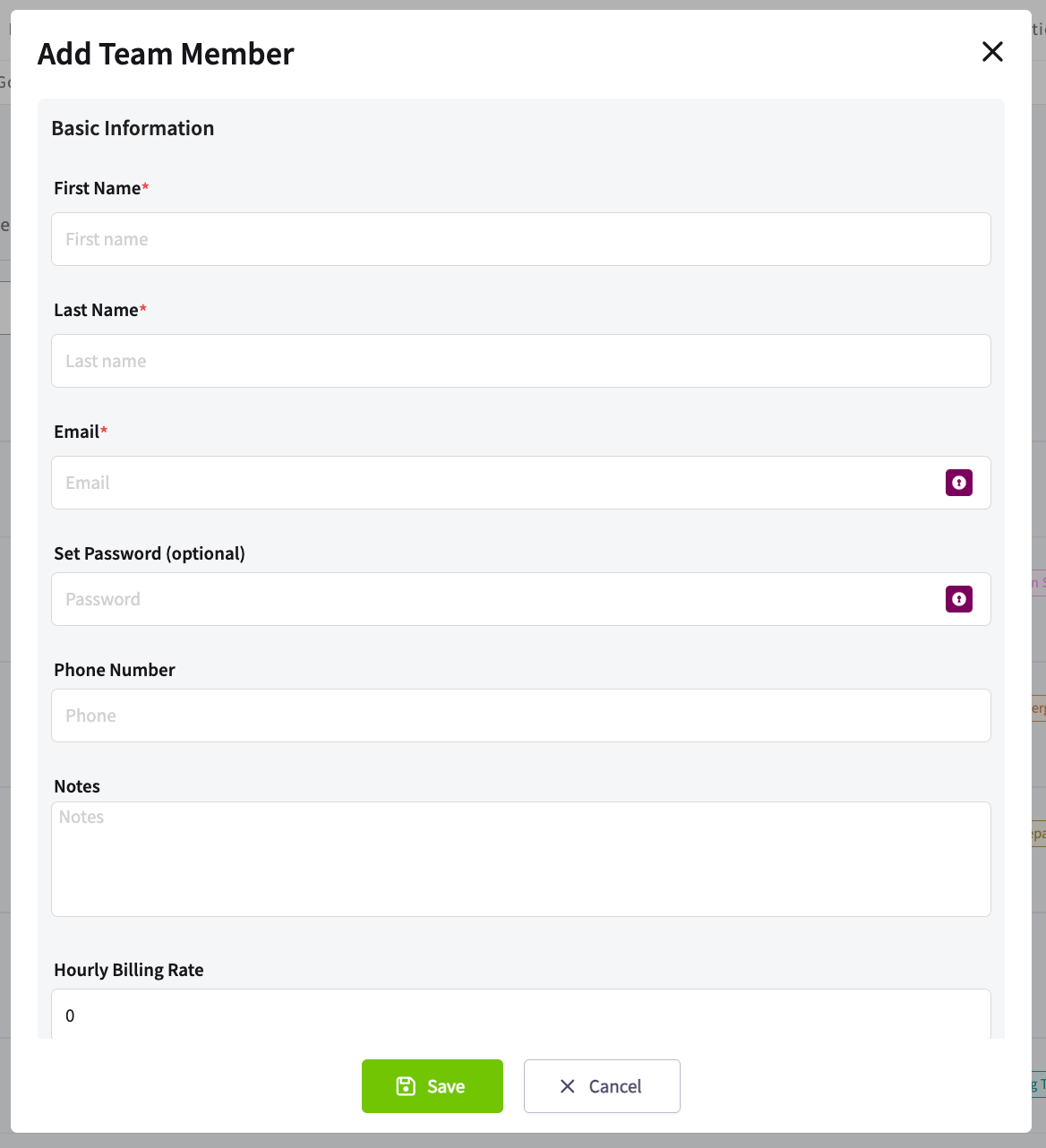 Add Team Member form showing the Basic Information fields