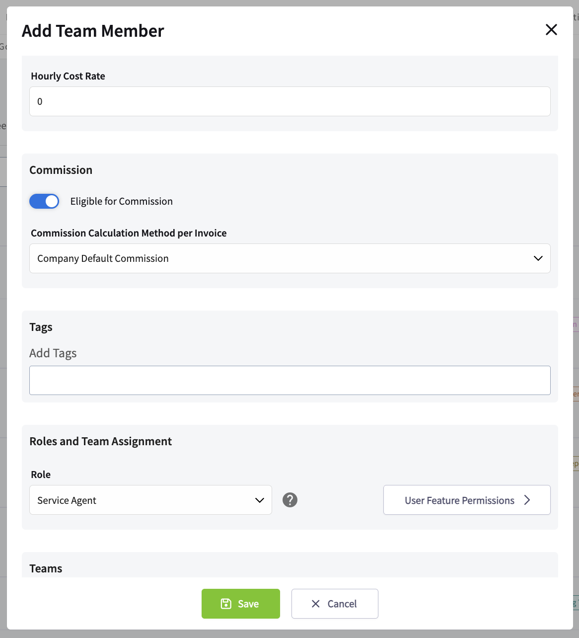 Add Team Member form showing Hourly Cost Rate, Commission, Tags, and Role
