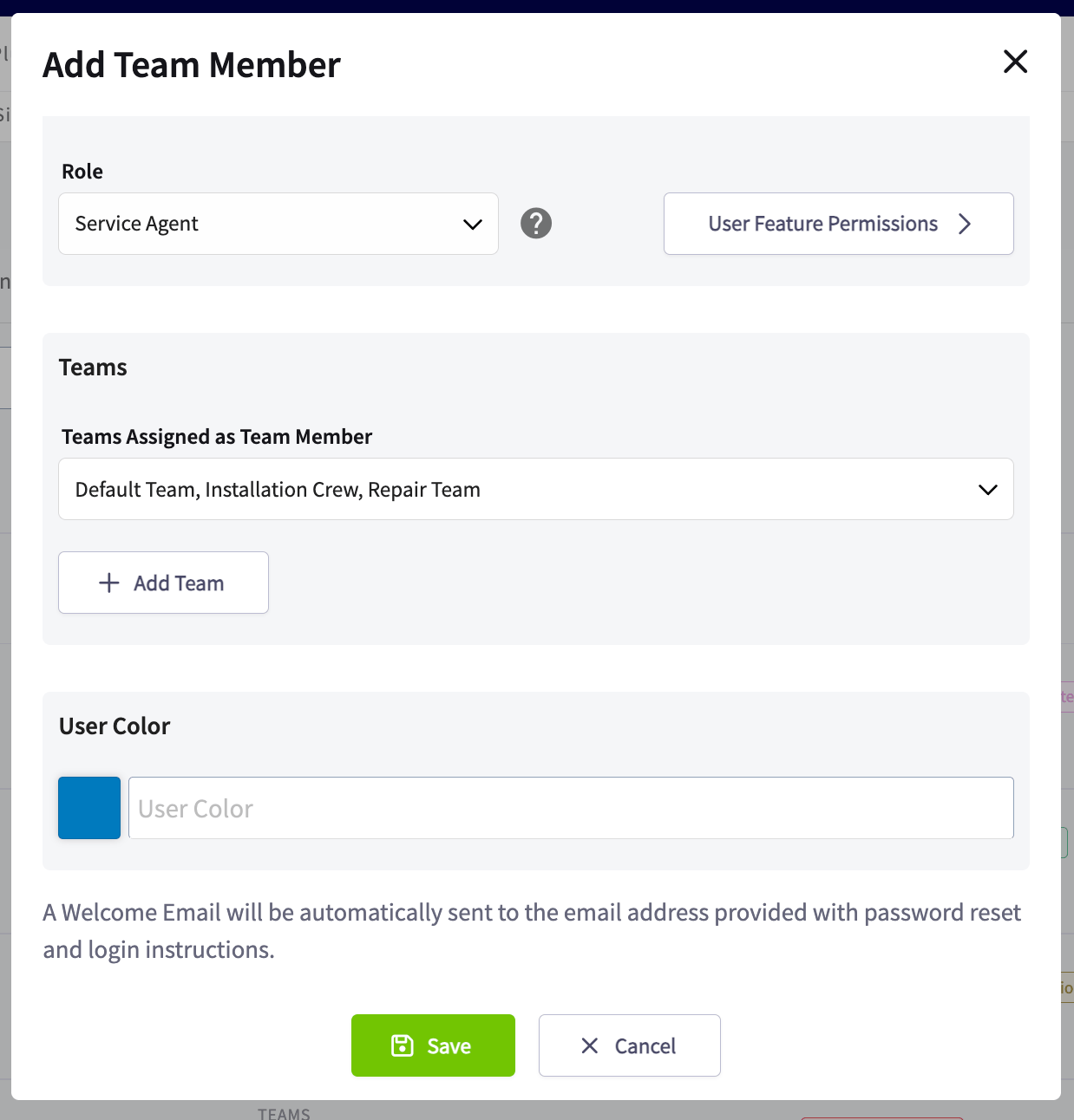 Add Team Member form showing Teams Assigned as Team Member, User Color, and Save