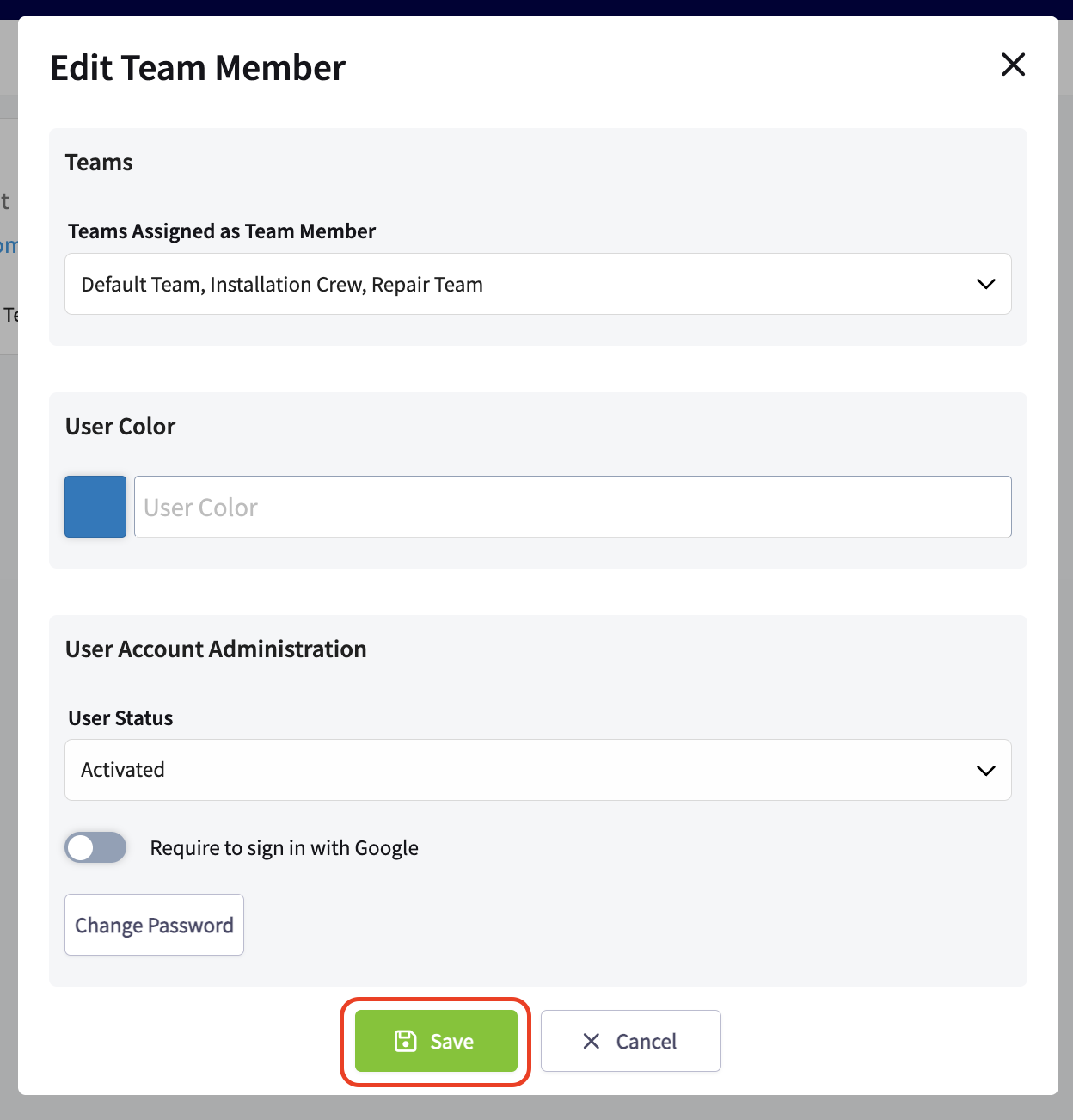 The Save button on a team member form