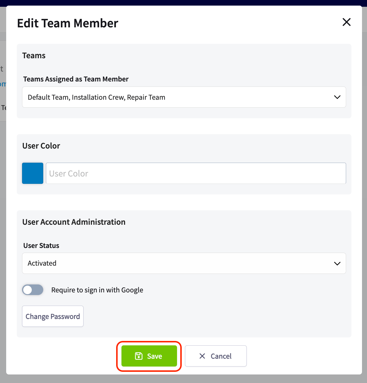 The Save button on a team member form