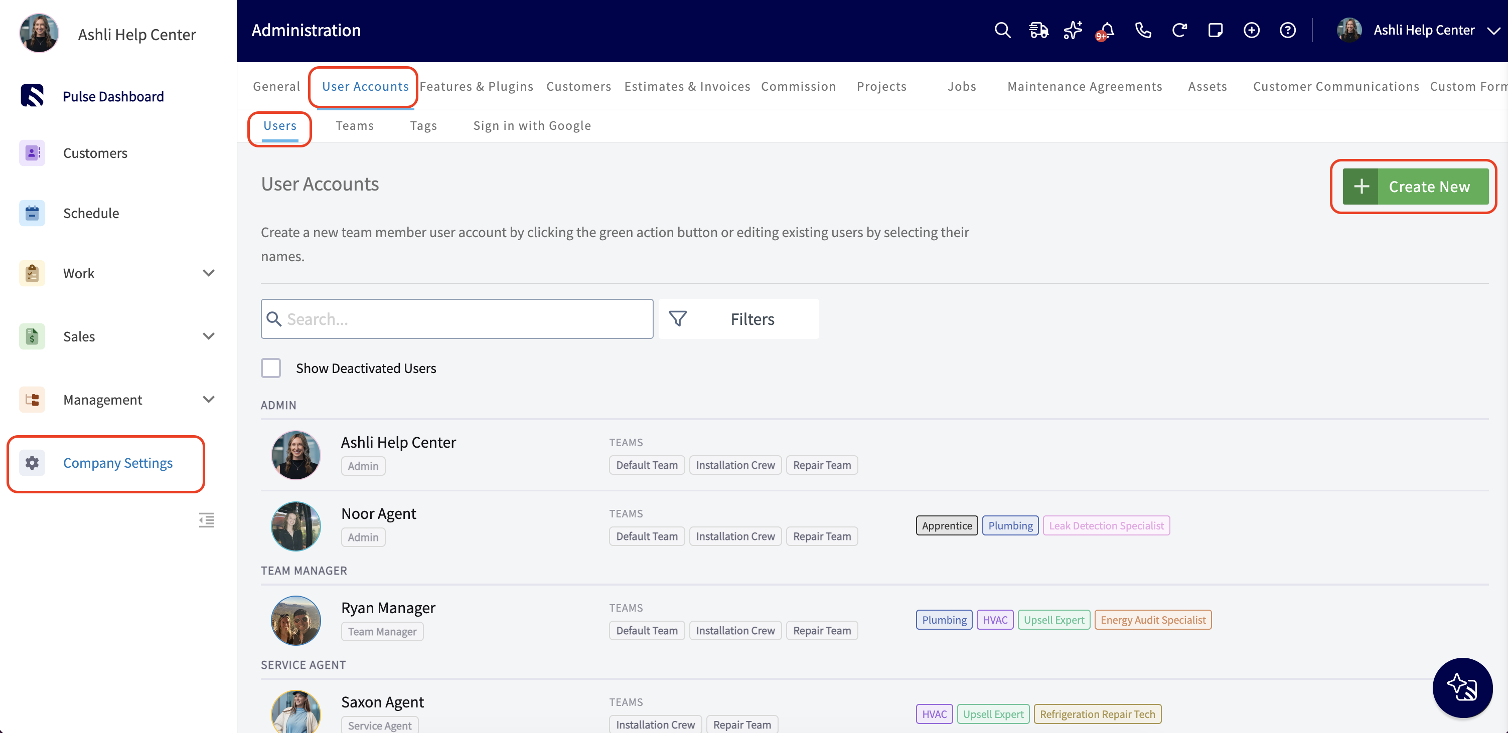 Company Settings and the Create New button on the User Accounts Users tab