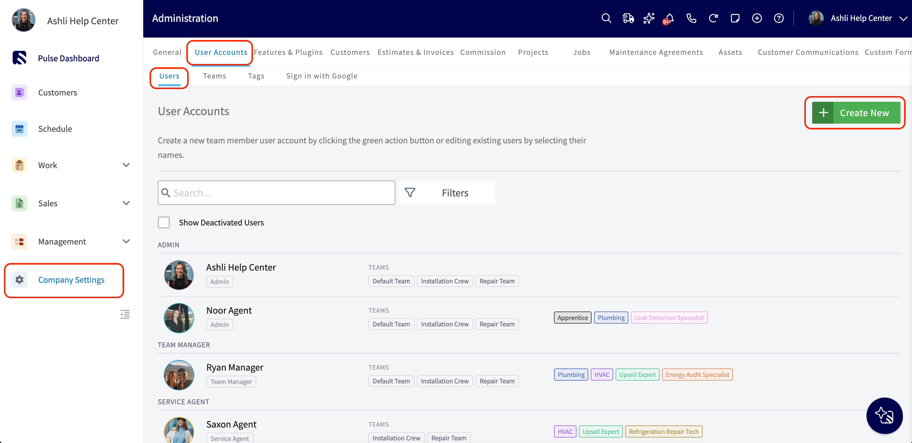 Company Settings and the Create New button on the User Accounts Users tab