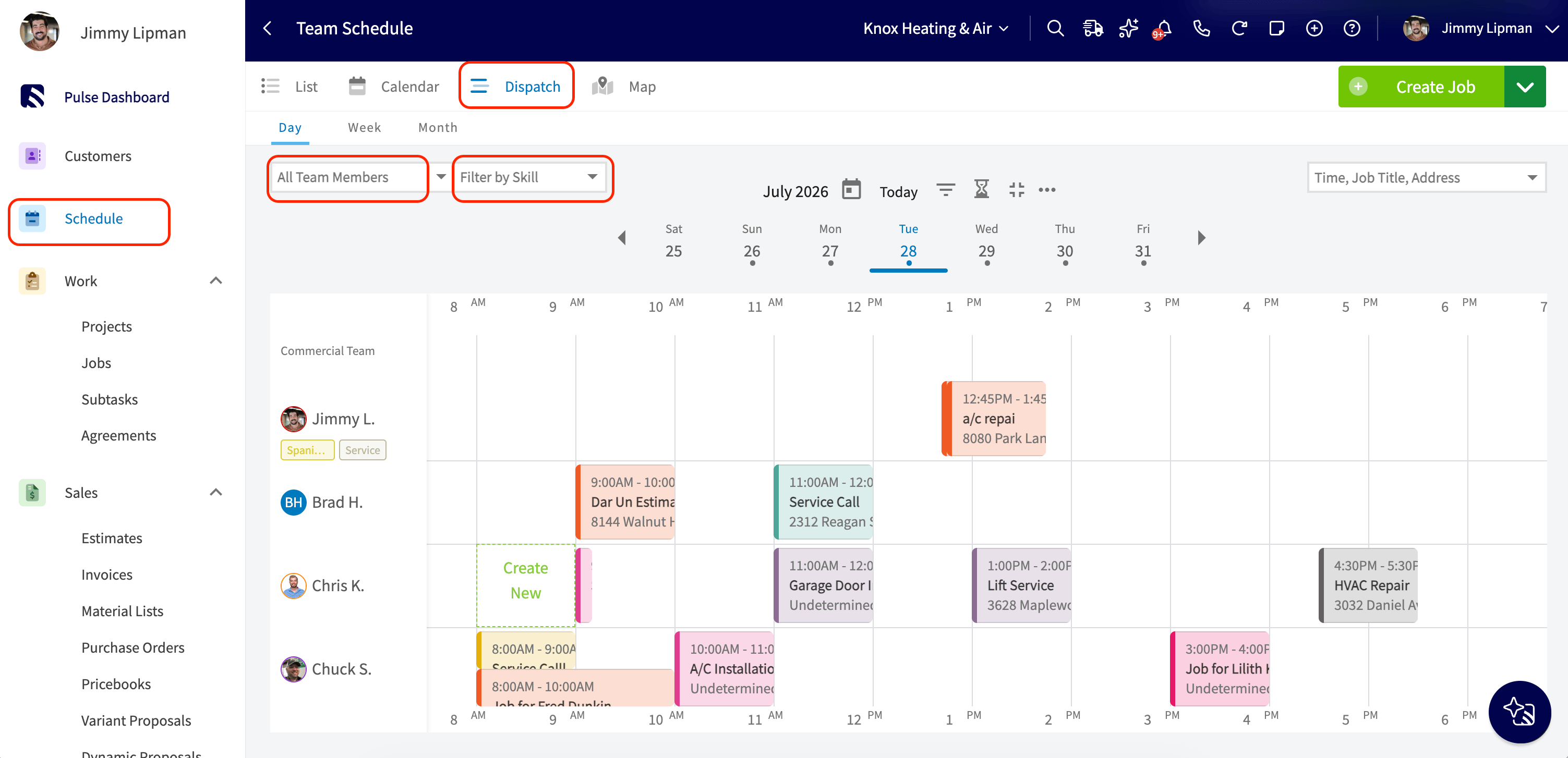 Dispatch Day view with the Filter by Teams and Filter by Skill dropdowns above the team member list