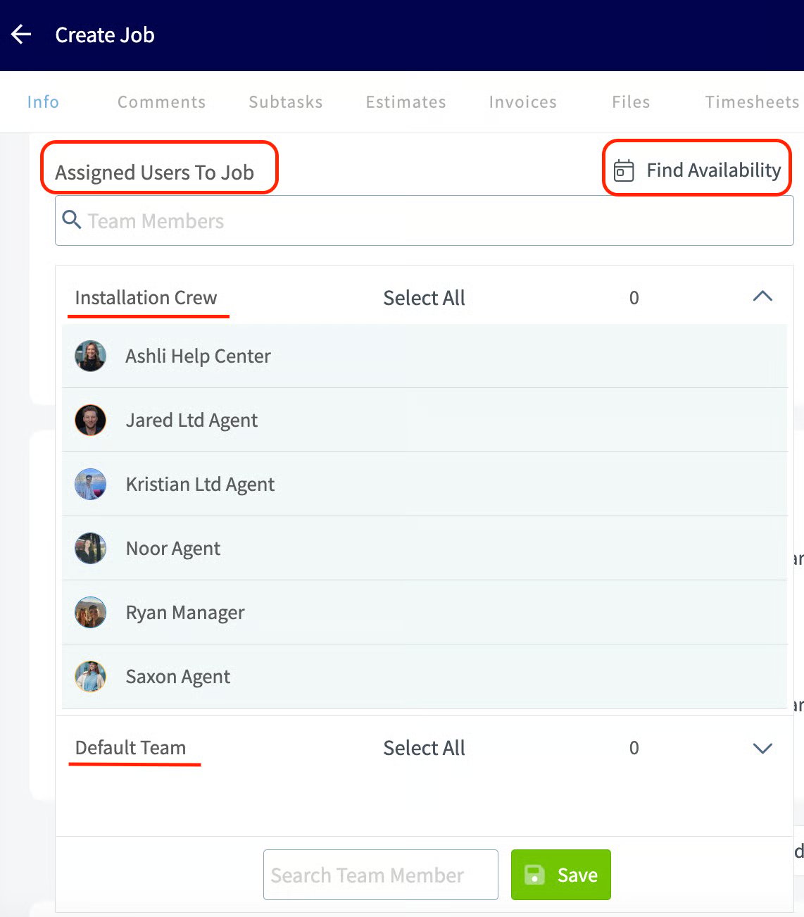 Assigned Users to Job field with the Find Availability button