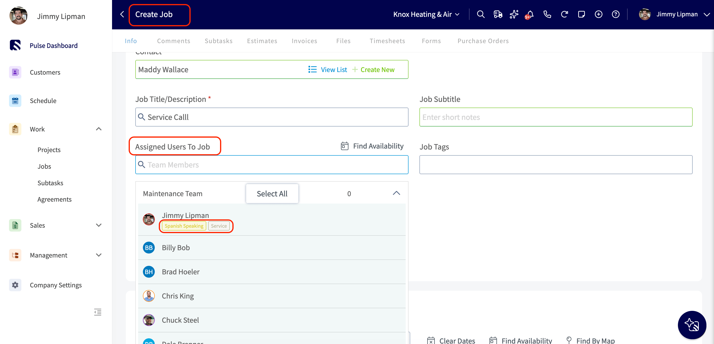 Assigned Users to Job dropdown showing a technician's tags inline