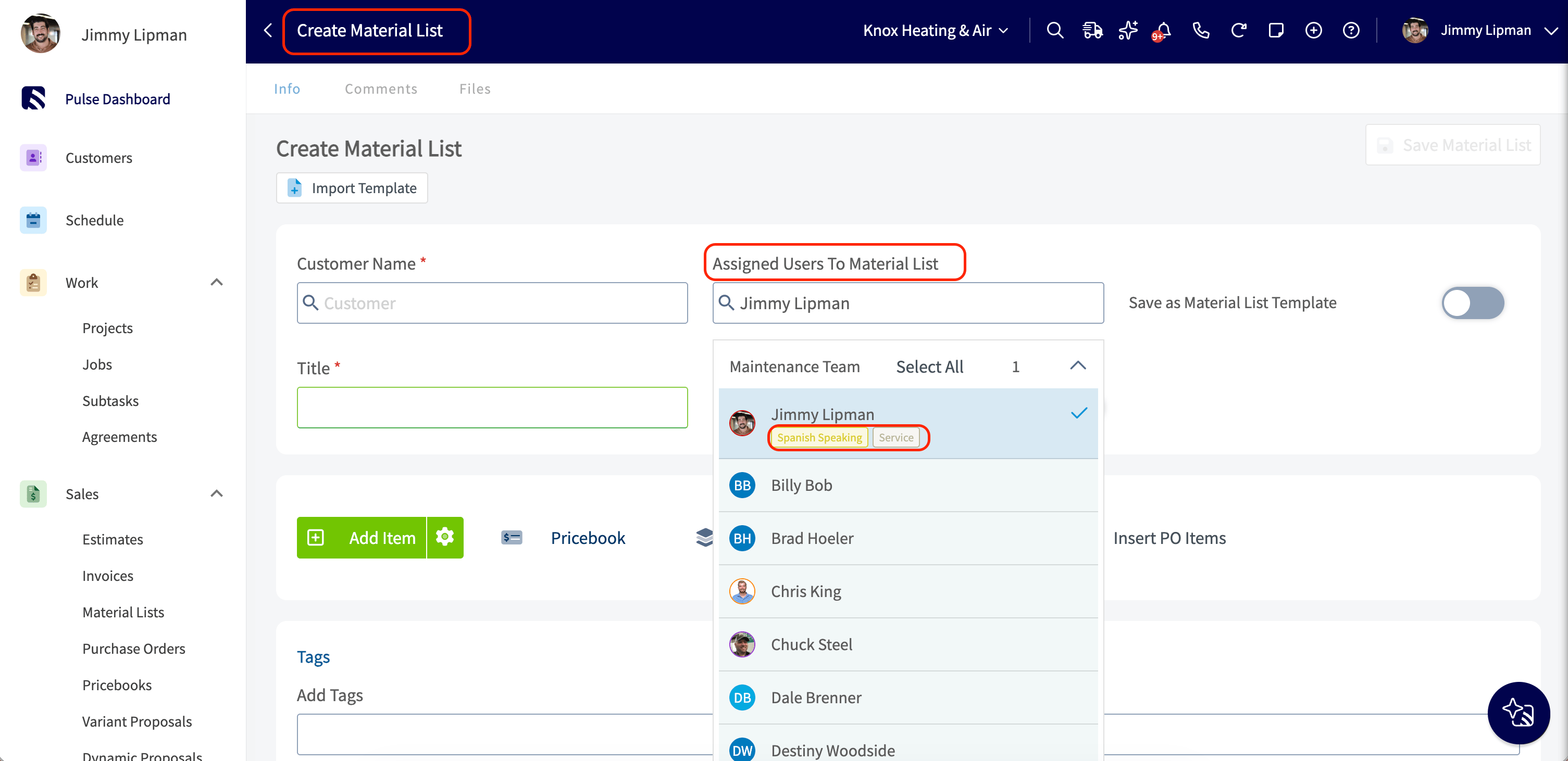 Assigned Users to Material List dropdown showing tags inline