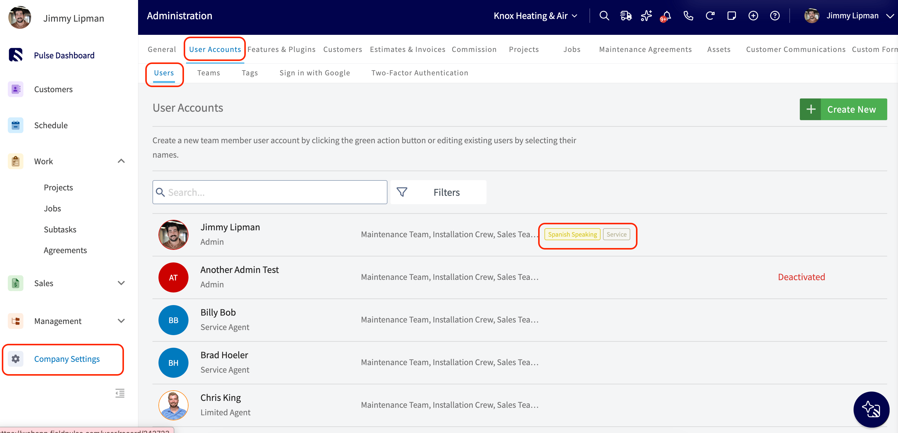User Accounts list showing each user's tags and the search/filter bar