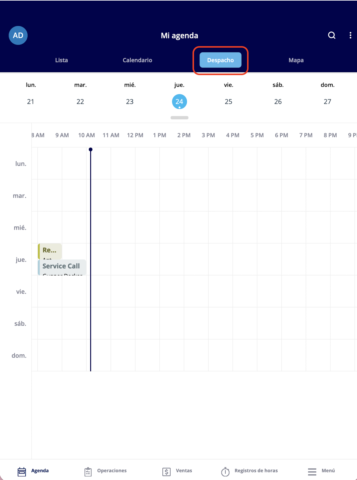 La vista Despacho de Mi agenda con los trabajos de la semana en una línea de tiempo