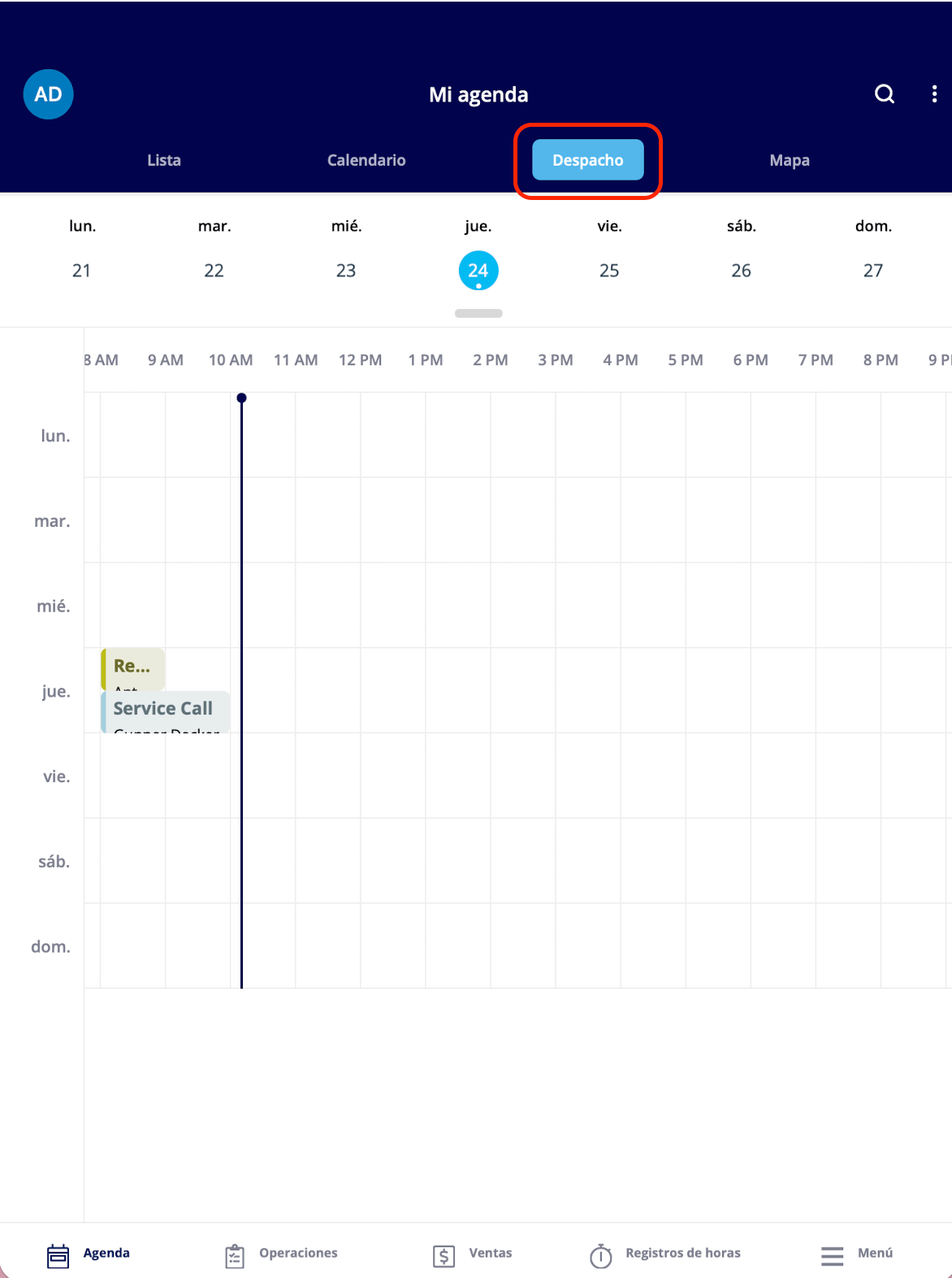 La vista Despacho de Mi agenda con los trabajos de la semana en una línea de tiempo