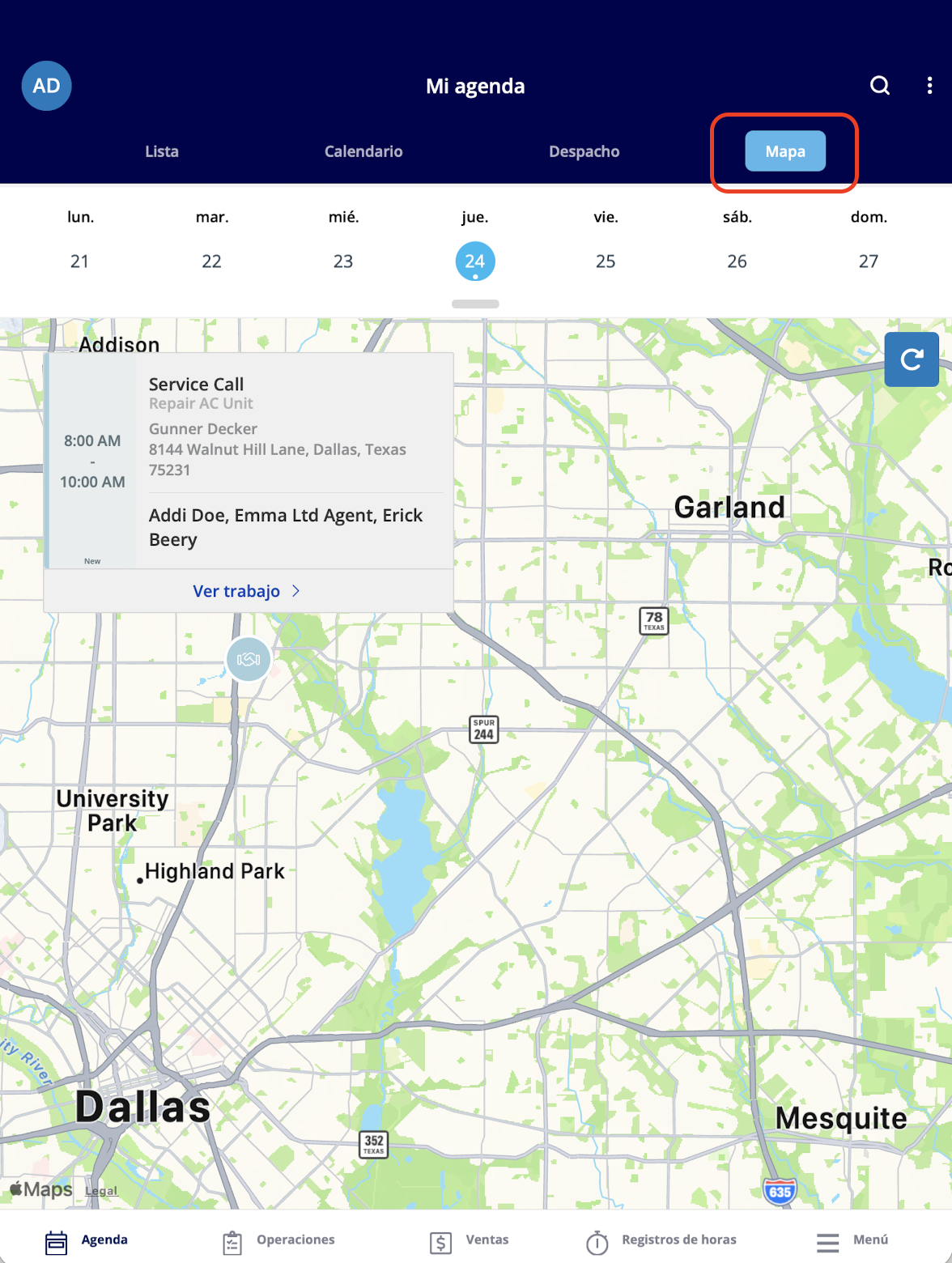La vista Mapa de Mi agenda con la tarjeta de un trabajo programado y el enlace Ver trabajo en el mapa