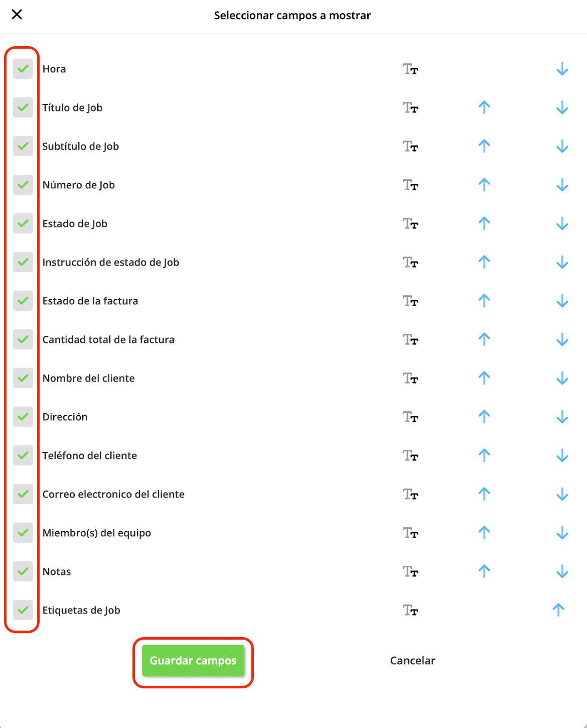 La pantalla Seleccionar campos a mostrar con las casillas de verificación de los campos a la izquierda y el botón verde Guardar campos en la parte inferior