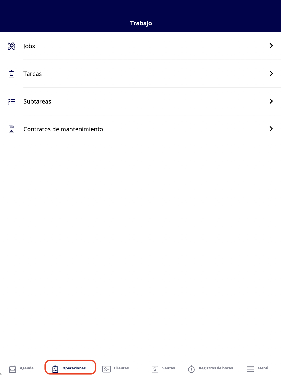 La pantalla Trabajo con Jobs, Tareas, Subtareas y Contratos de mantenimiento, y la pestaña Operaciones resaltada en el menú inferior