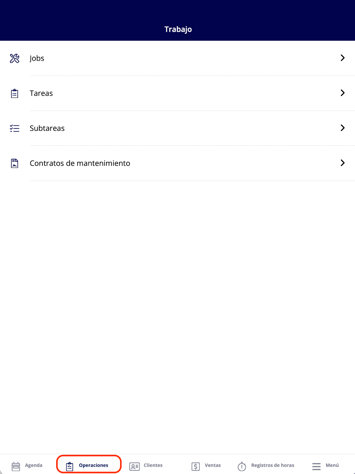 La pantalla Trabajo con Jobs, Tareas, Subtareas y Contratos de mantenimiento, y la pestaña Operaciones resaltada en el menú inferior