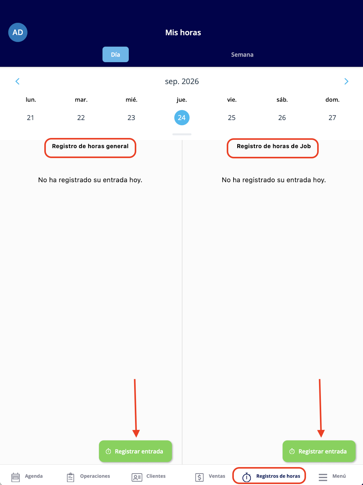 La pantalla Mis horas con Registro de horas general y Registro de horas de Job lado a lado, cada uno con su propio botón Registrar entrada