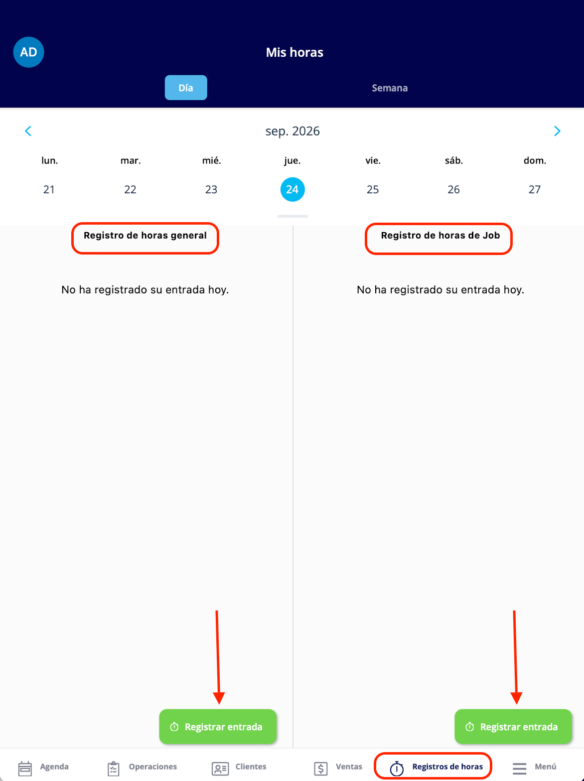 La pantalla Mis horas con Registro de horas general y Registro de horas de Job lado a lado, cada uno con su propio botón Registrar entrada