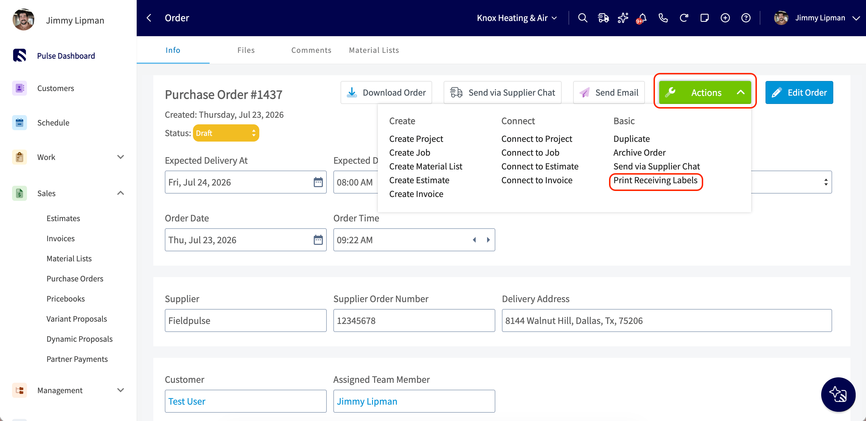 Actions menu on a purchase order with Print Receiving Labels highlighted