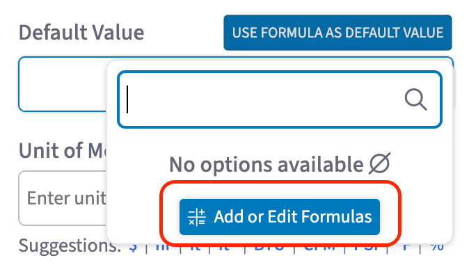 Default Value selector showing the Add or Edit Formulas option