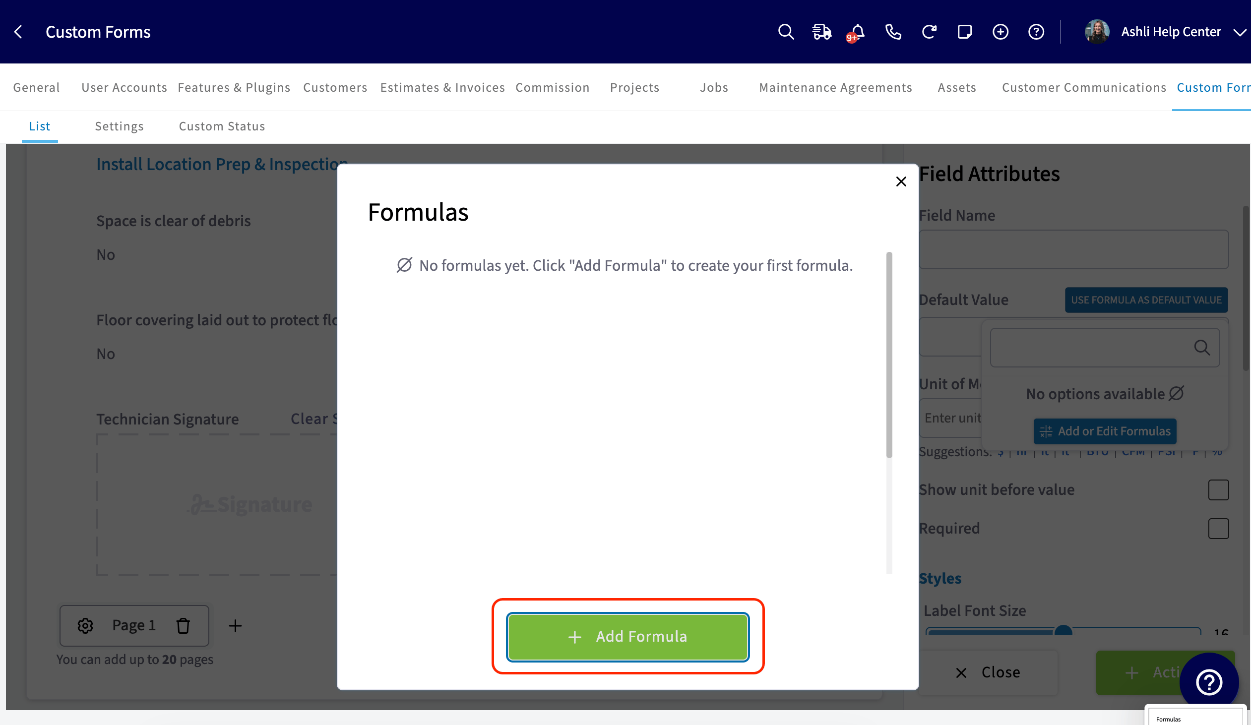 Formulas modal with the Add Formula button