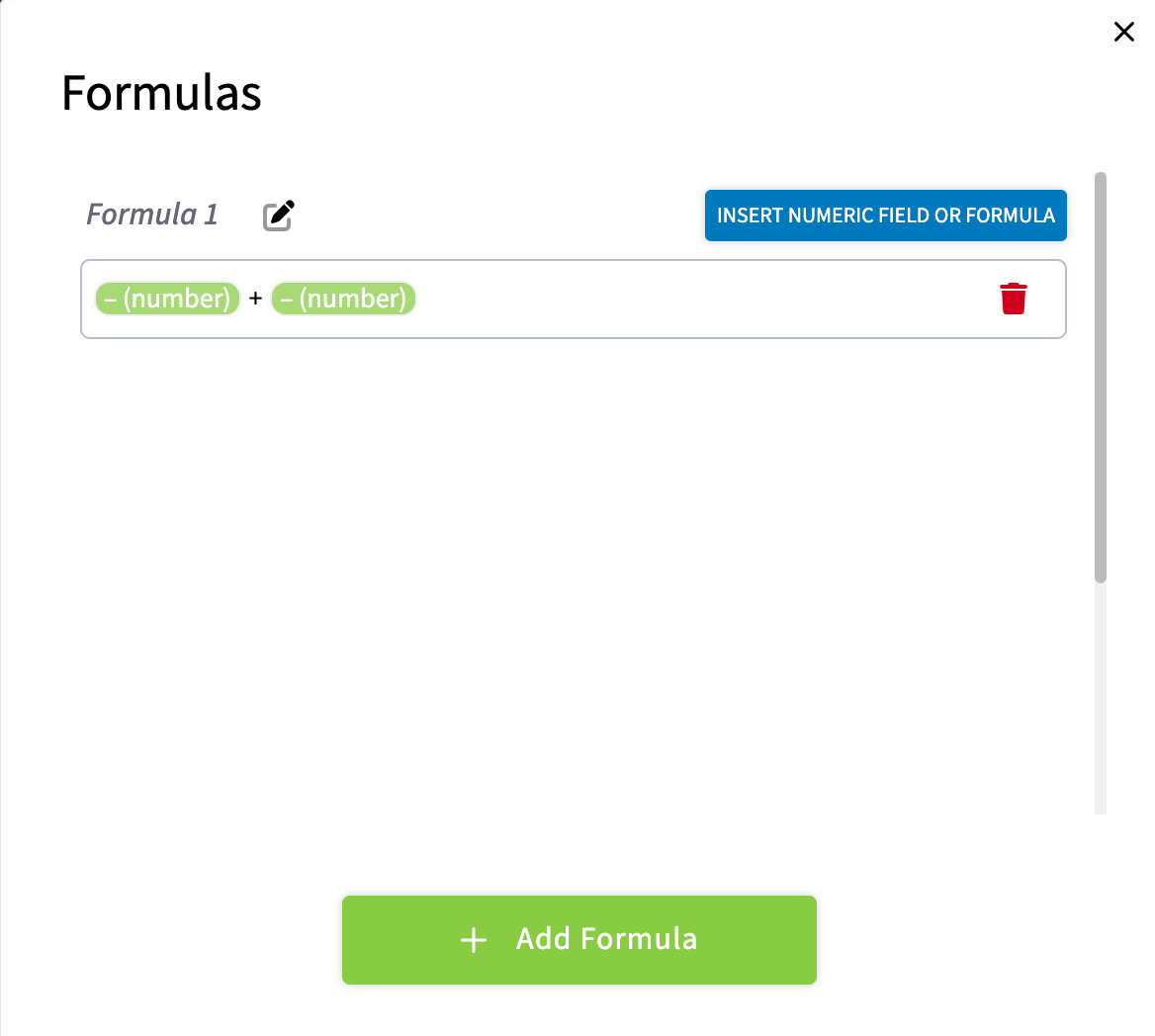 Formula builder combining two number fields, with the Insert Numeric Field or Formula button