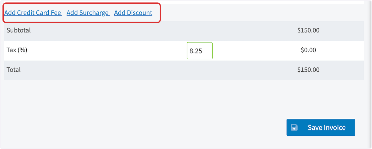 Click on Add Credit Card Fee Add Surcharge Add Discount
