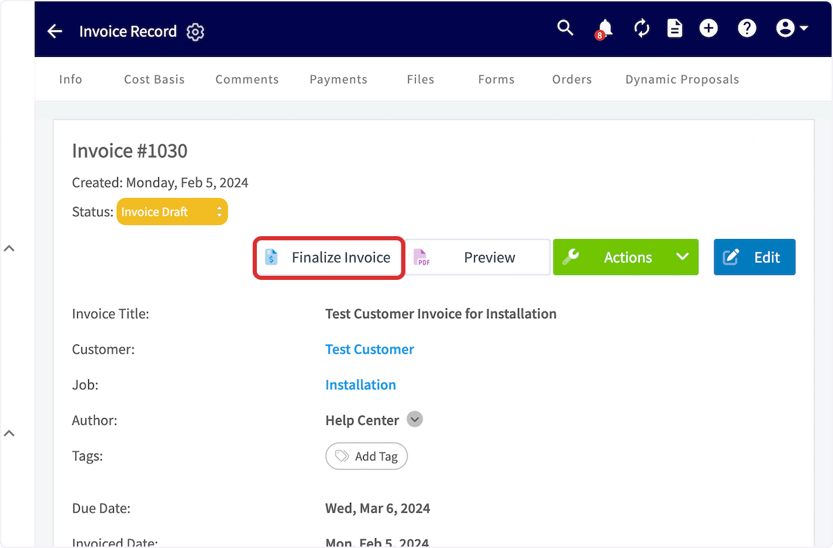 Click on Finalize Invoice