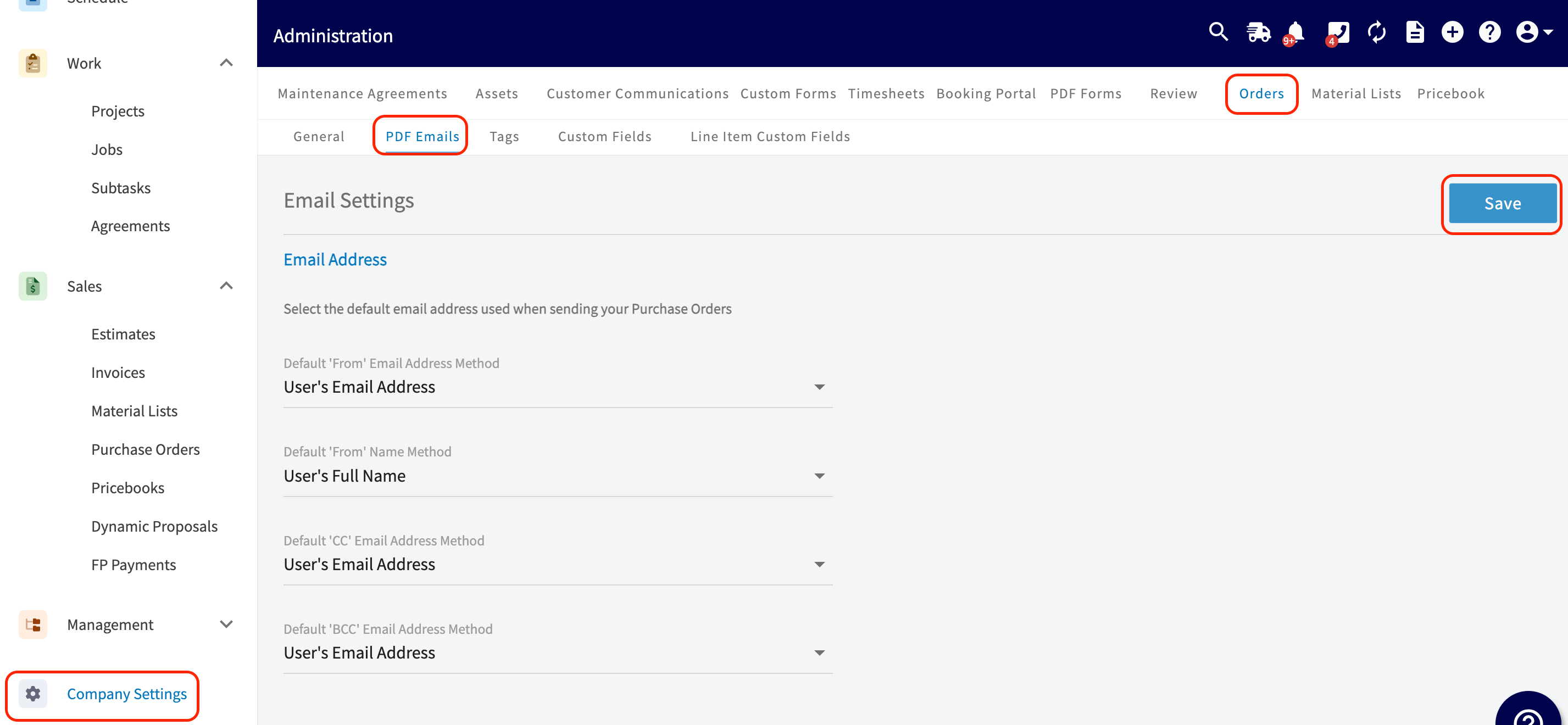 Purchase Order default settings in the Orders tab General settings