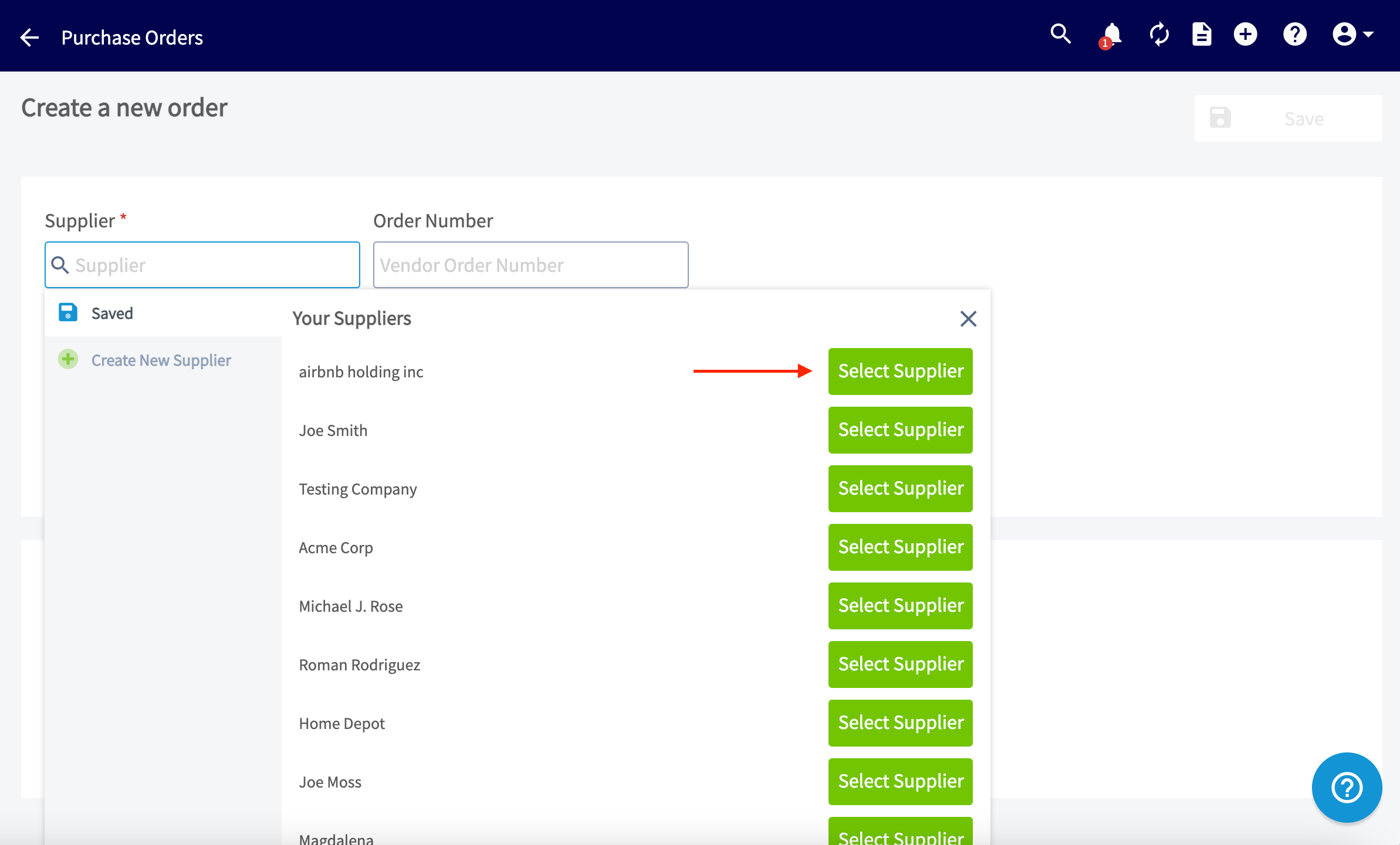 Purchase Orders page with the Create Order button