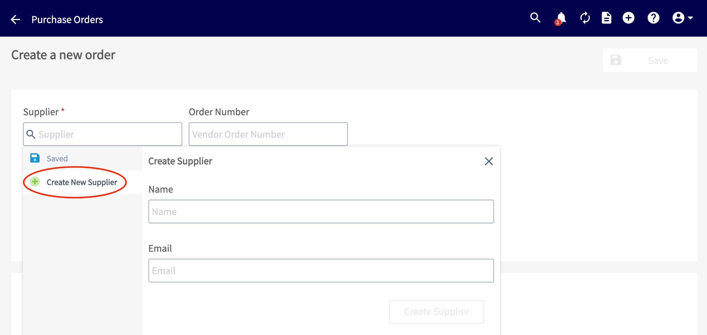 Supplier search box showing saved suppliers on a new purchase order