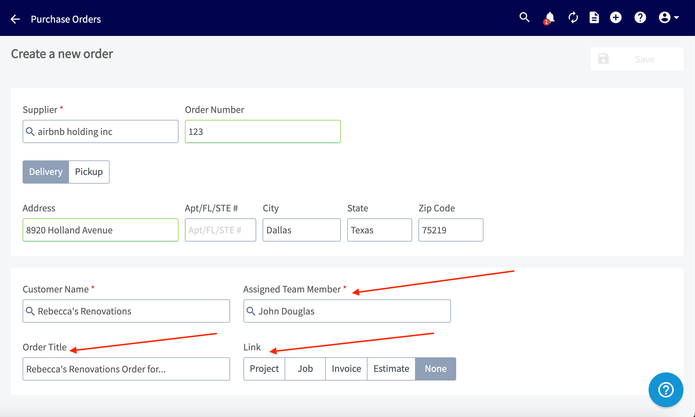 Customer Name field with option to create a new customer