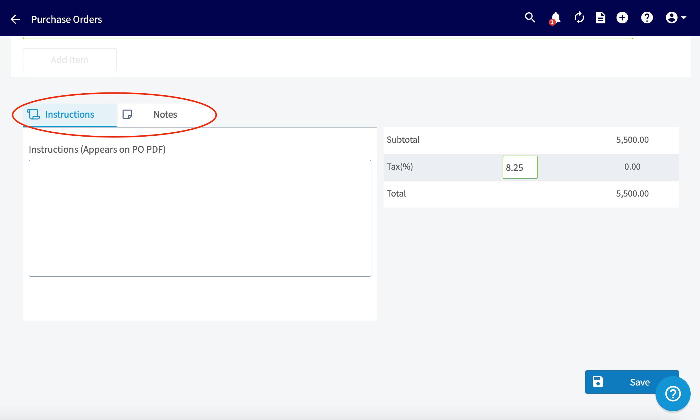 Item search bar for adding line items to the purchase order