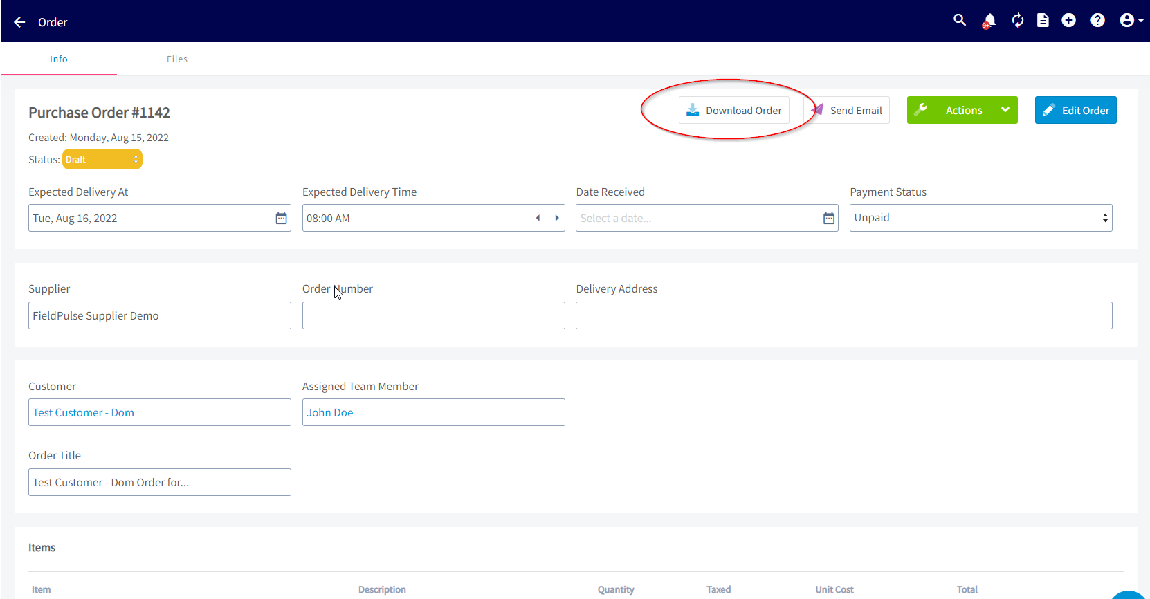 Purchase order review page with the Send Email button