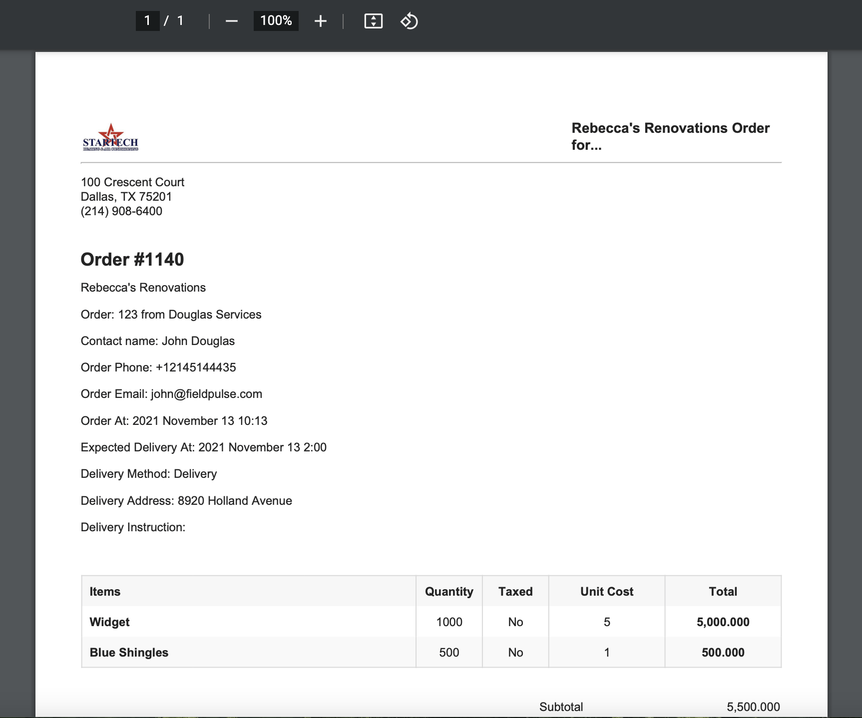 Sent purchase order with the Download Order button