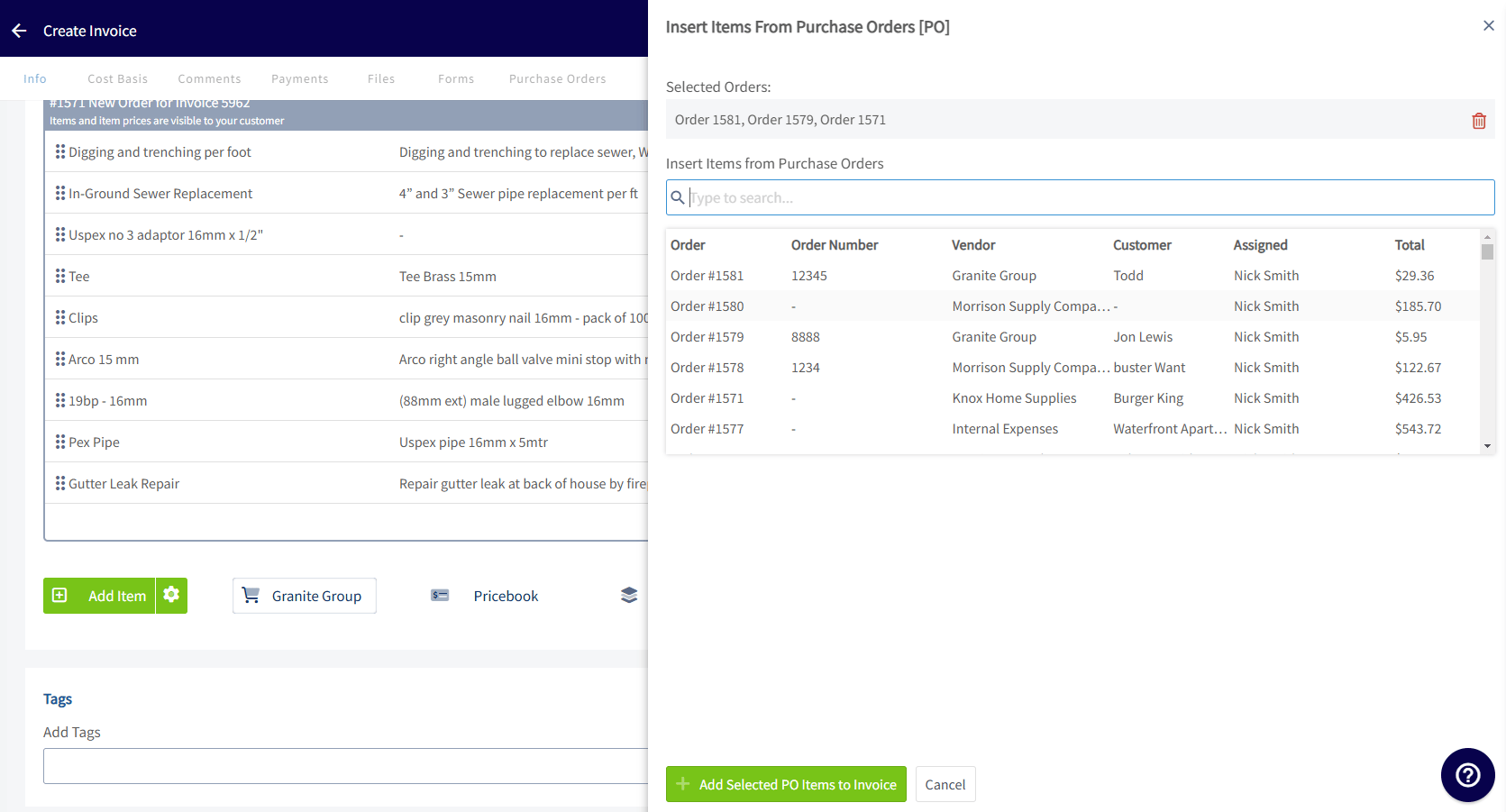 Insert PO Items option while editing an estimate or invoice
