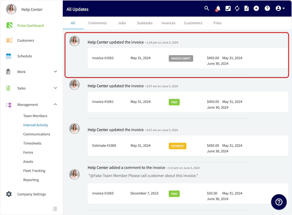 Click on Help Center updated the invoice ¬ 1:24 pm on June 5, 2024…