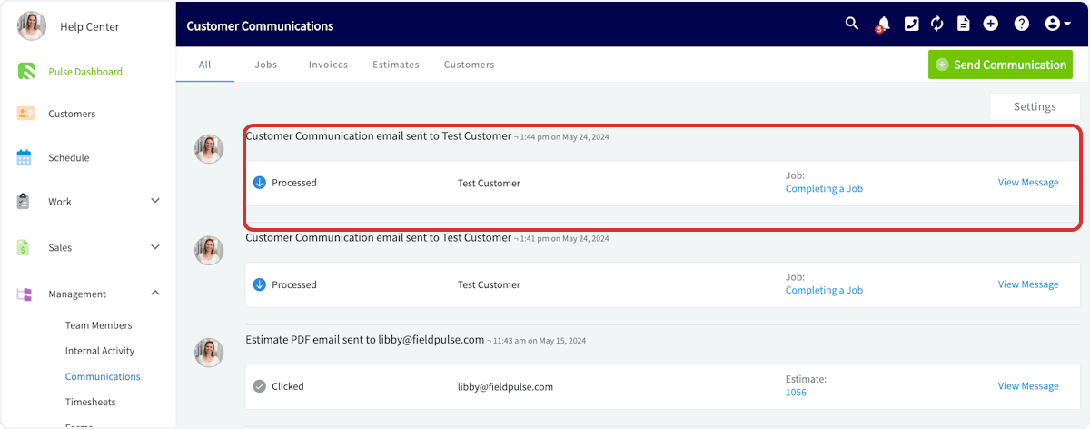 Click on Customer Communication email sent to Test Customer ¬ 1:44 pm on May 24, 2024…