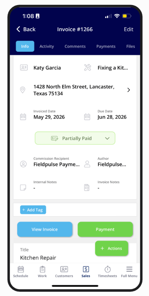 Invoice record in the FieldPulse mobile app
