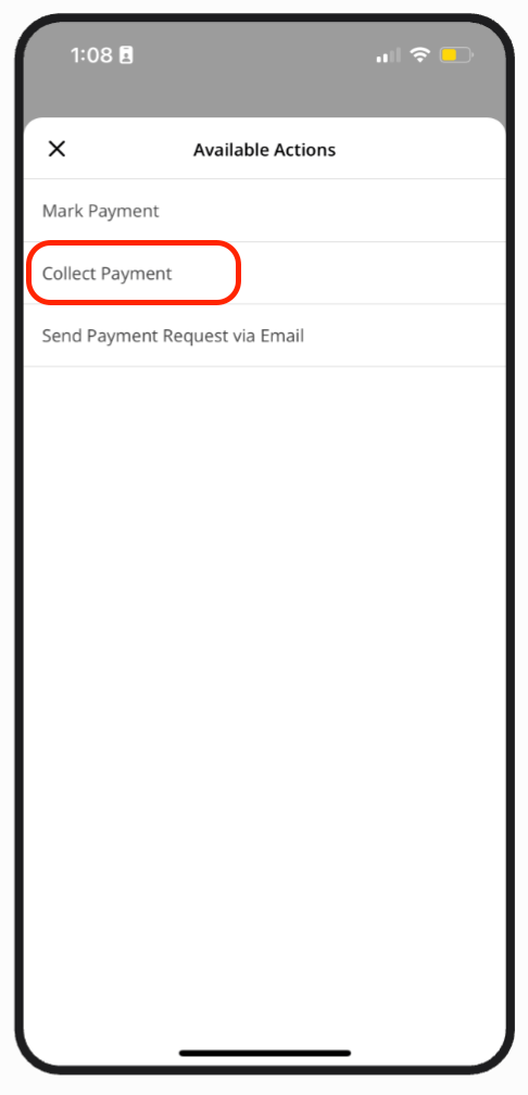 Available Actions menu with Collect Payment highlighted