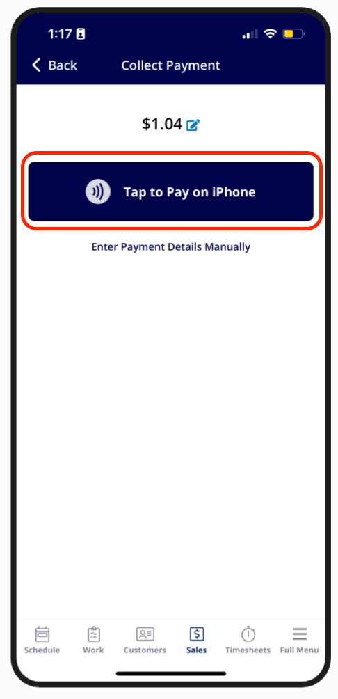 Collect Payment screen with the Tap to Pay on iPhone button highlighted