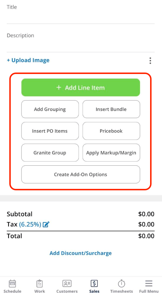 Additional estimate options including markup, margin, and add-on options on mobile